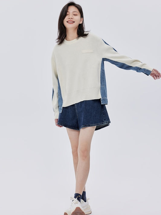 Bicolor Denim Knit Sweater Pullover X2782