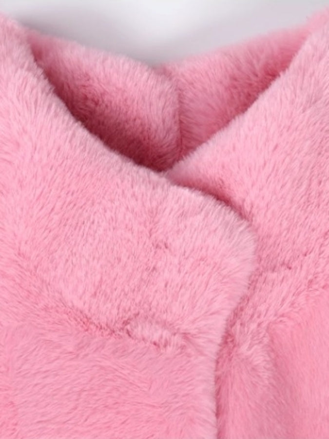 Faux Fur Stand Collar Bell Sleeve Medium Coat X2525