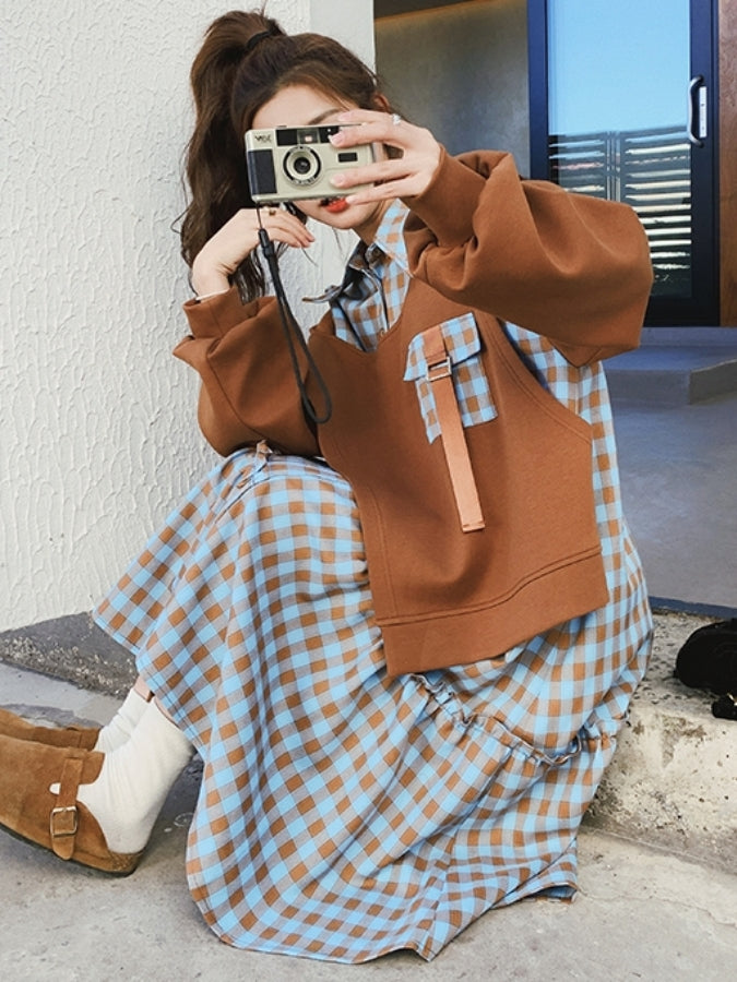 フェイクツーピースフレンチチェックワンピース X2442