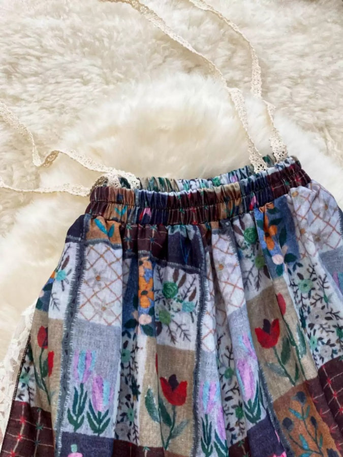 Retro Check Flower Pattern A-line Skirt X2931