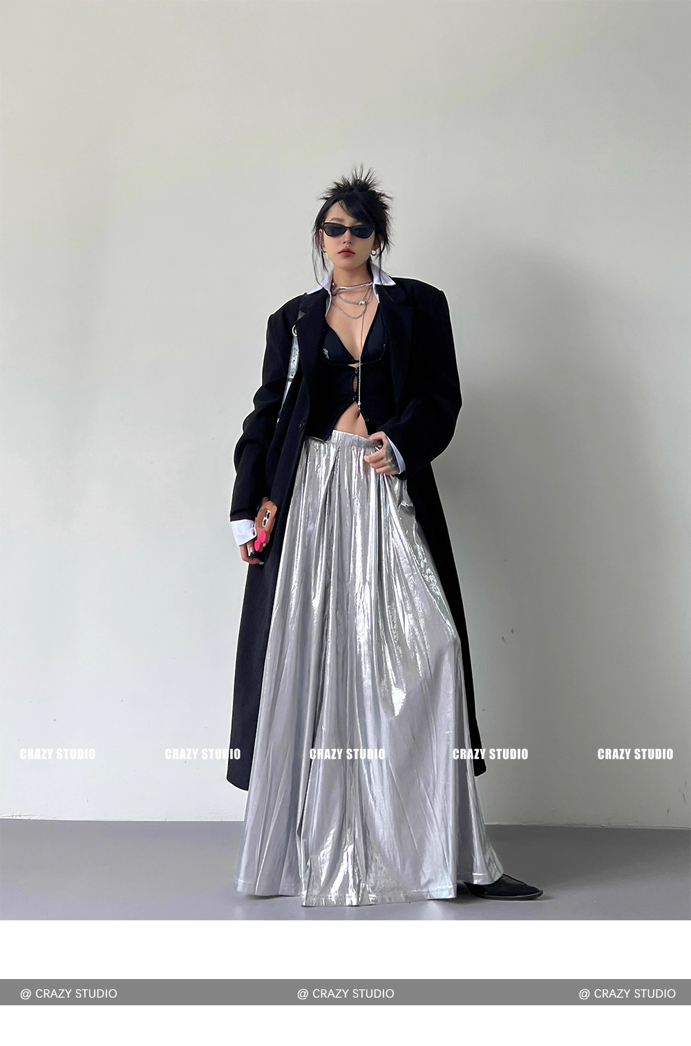 Liquid Silver Metallic A-Line Maxi Skirt X3337