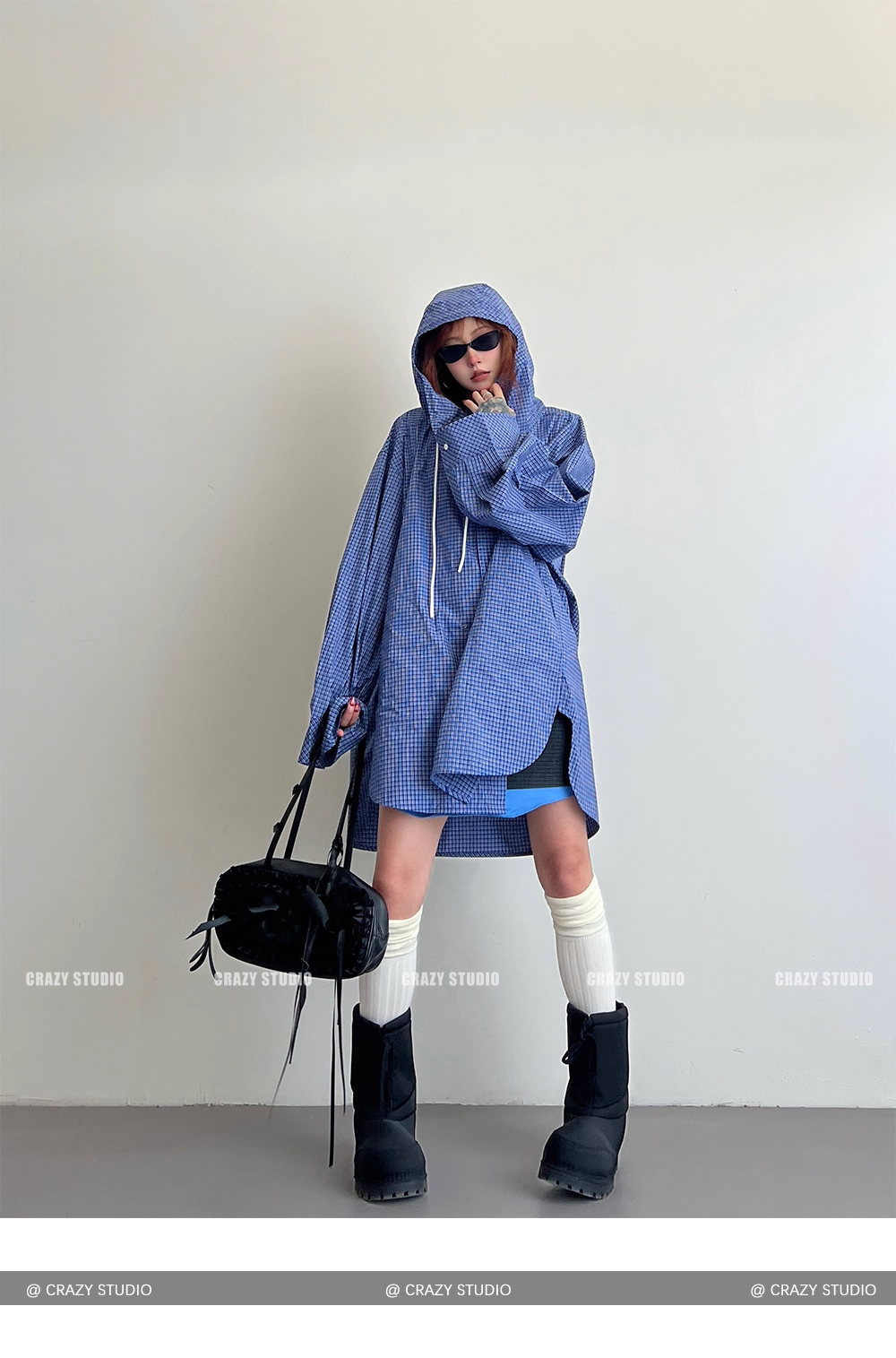 Street Style Plaid Hooded Oversized Drawstring Shirt Jacket X3336