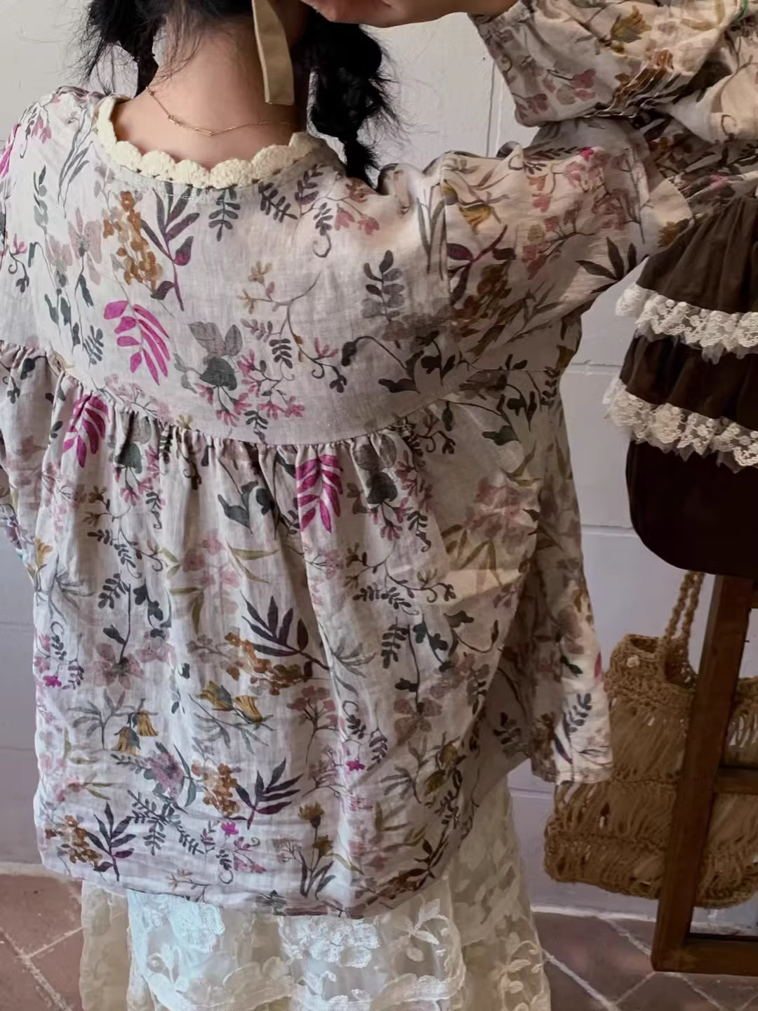 Vintage Mori Girl Style Floral Print Long Sleeve Top / Dress X3365