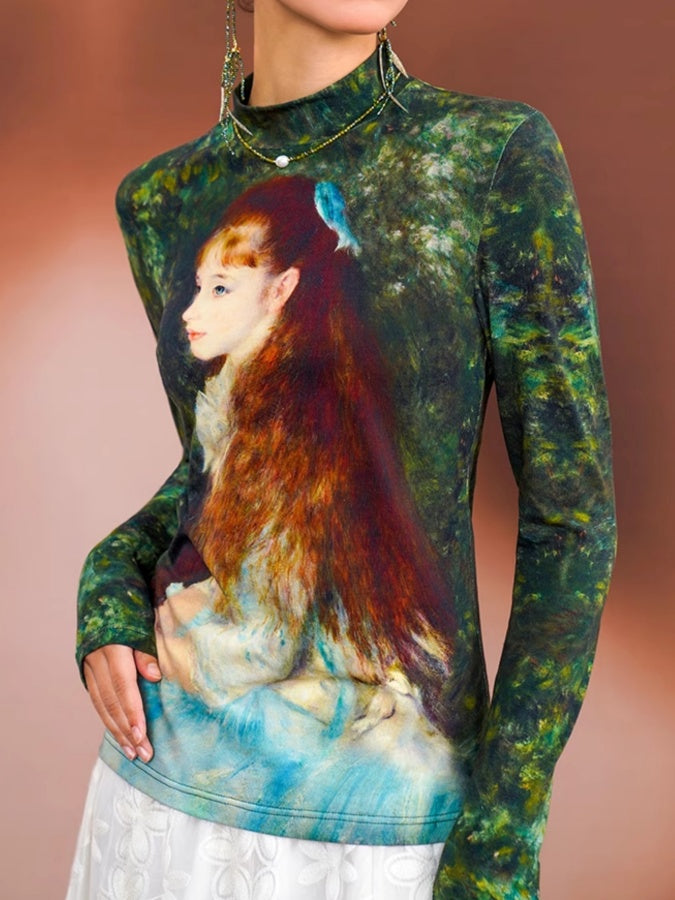 Retro Art Print Slim Bottoming Shirt X2674