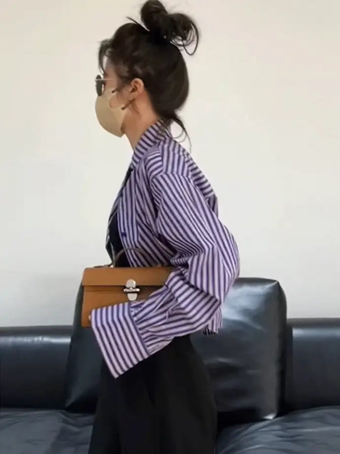 パープルストライプショートクロップドシャツ X2321