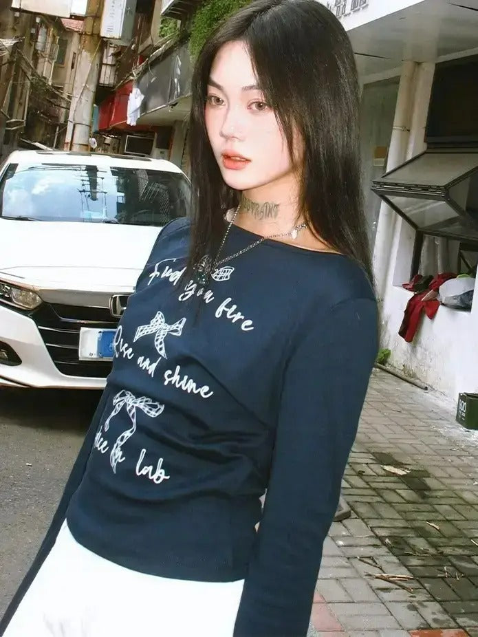 蝴蝶結印花薩布麗娜領長袖 T 卹 X3038