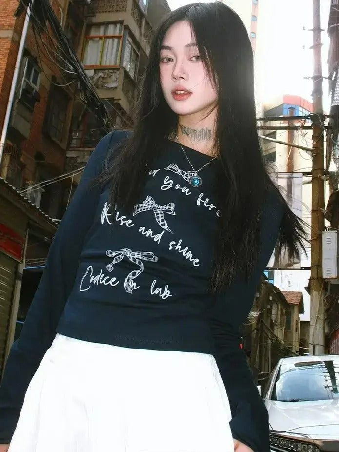蝴蝶結印花薩布麗娜領長袖 T 卹 X3038