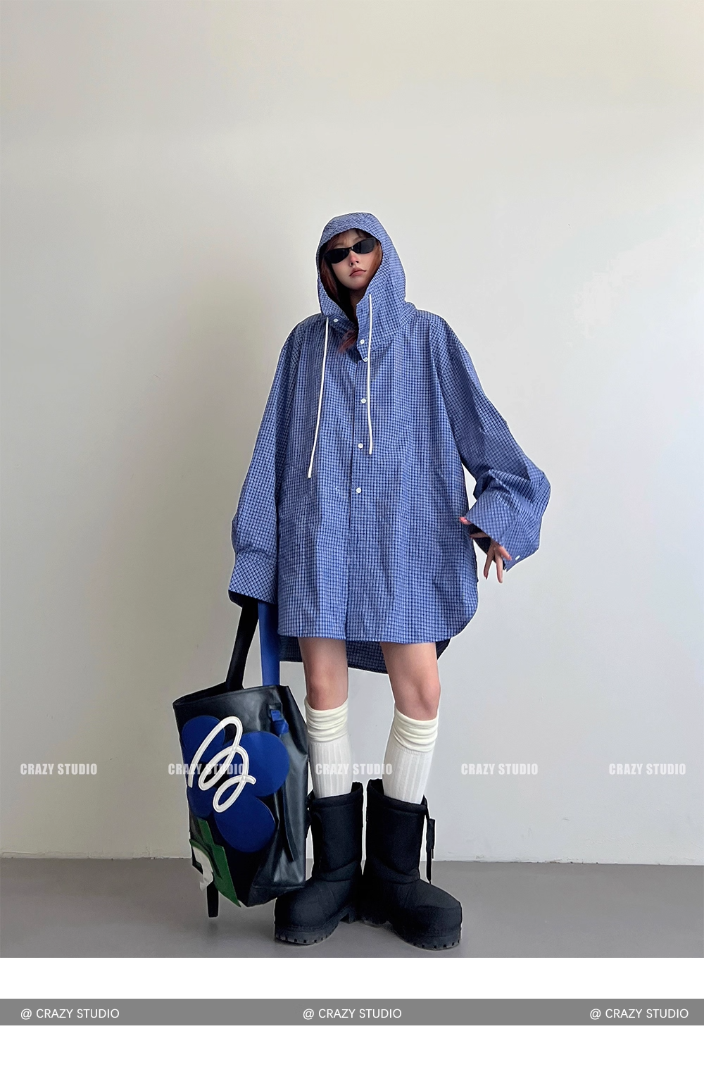 Street Style Plaid Hooded Oversized Drawstring Shirt Jacket X3336
