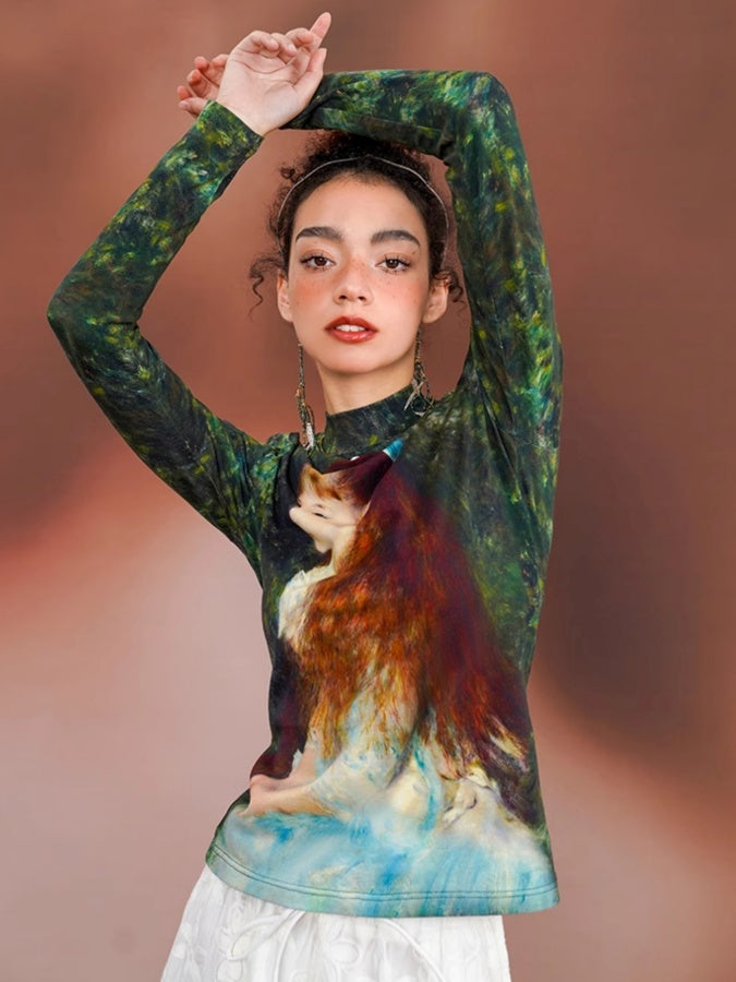 Retro Art Print Slim Bottoming Shirt X2674