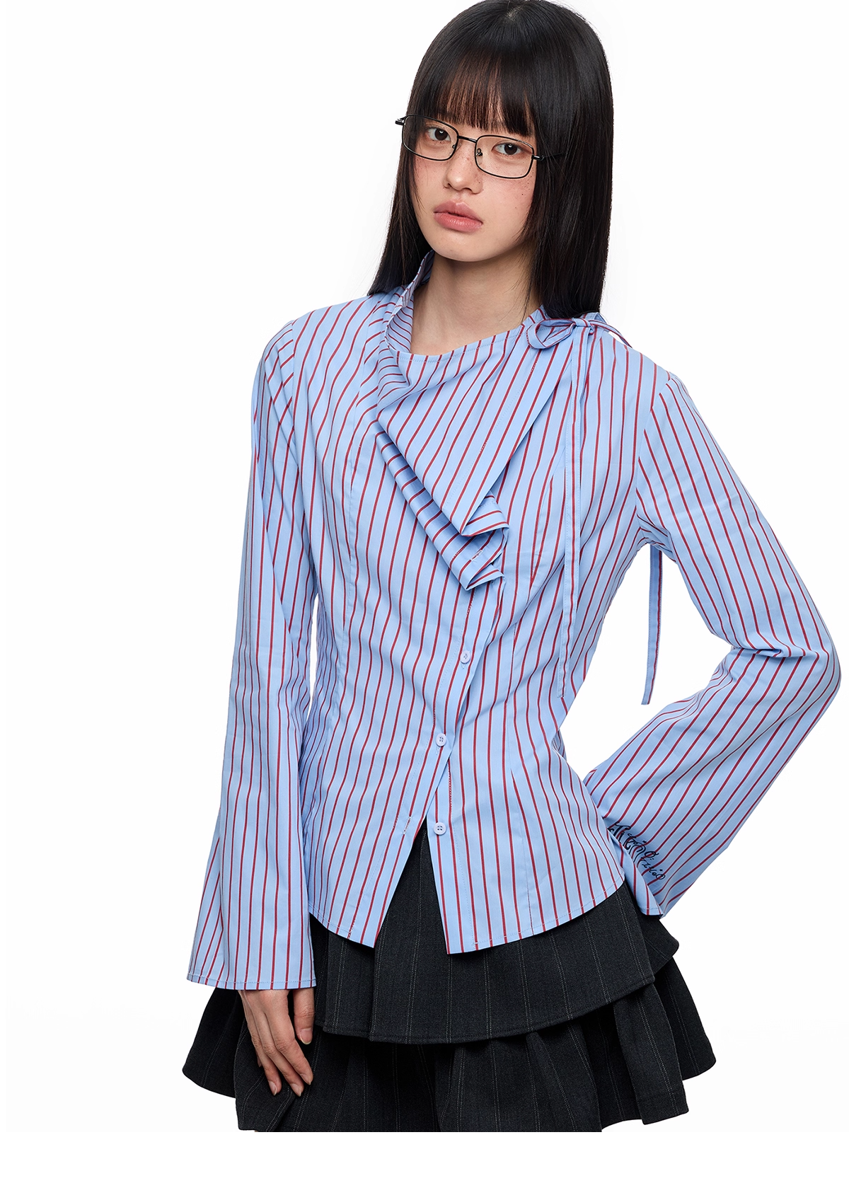 Blue Striped Long Sleeve Overlap Collar Shirt X3333