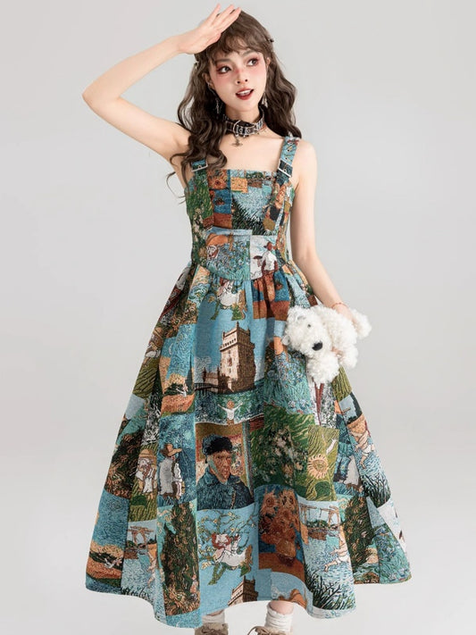 Art print suspender dress/pointed collar shirt X2666