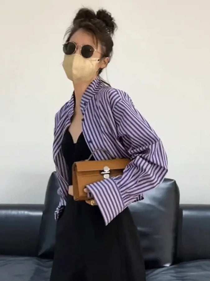 パープルストライプショートクロップドシャツ X2321