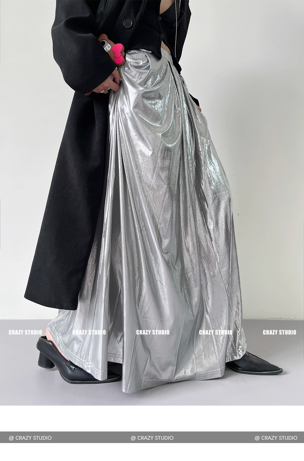 Liquid Silver Metallic A-Line Maxi Skirt X3337
