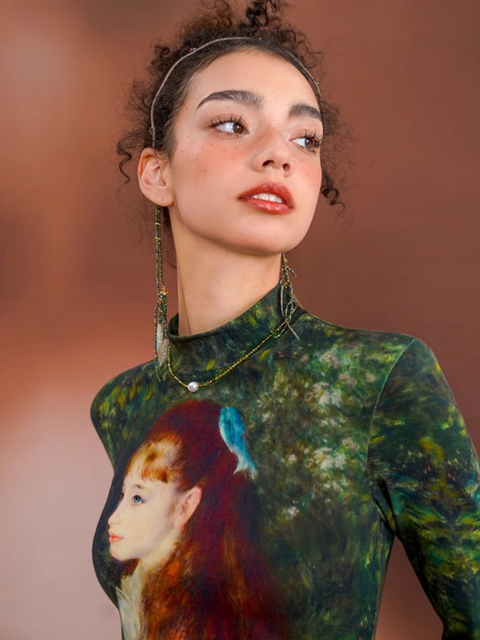Retro Art Print Slim Bottoming Shirt X2674