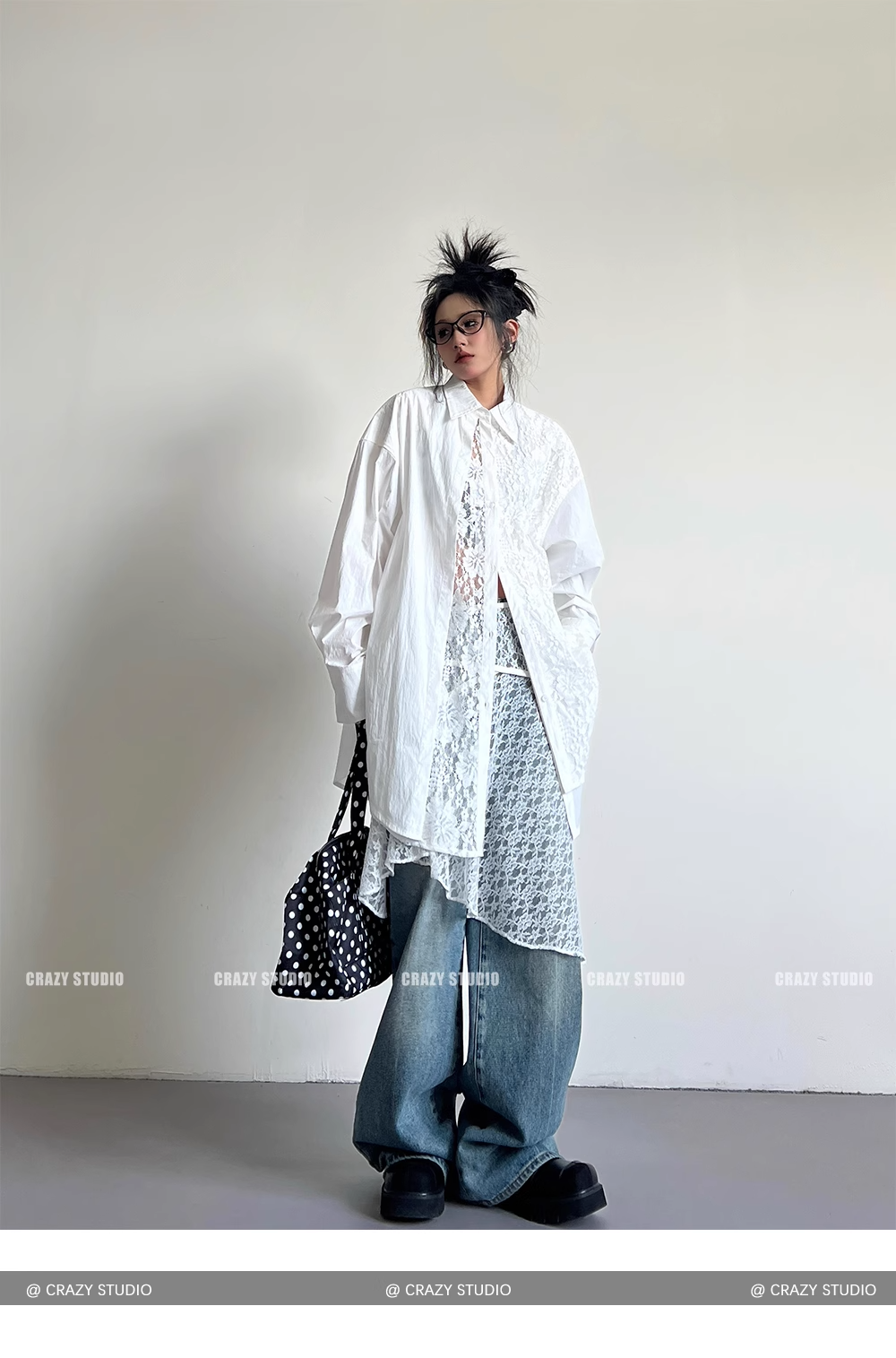 White Lace Panelled Layered-Style Long Sleeve Shirt X3340