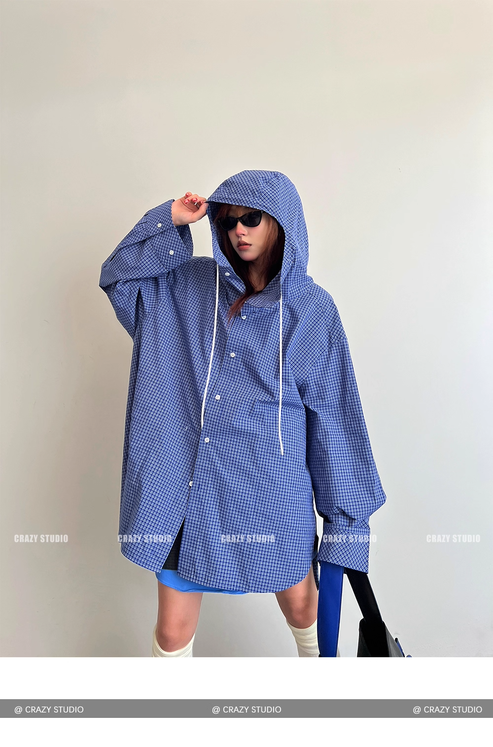 Street Style Plaid Hooded Oversized Drawstring Shirt Jacket X3336