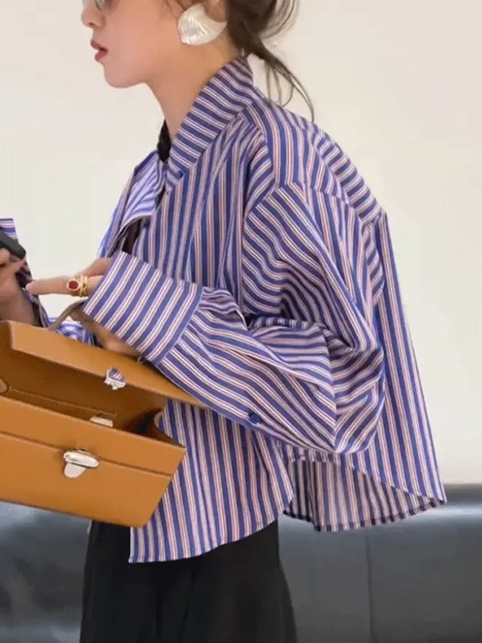 パープルストライプショートクロップドシャツ X2321