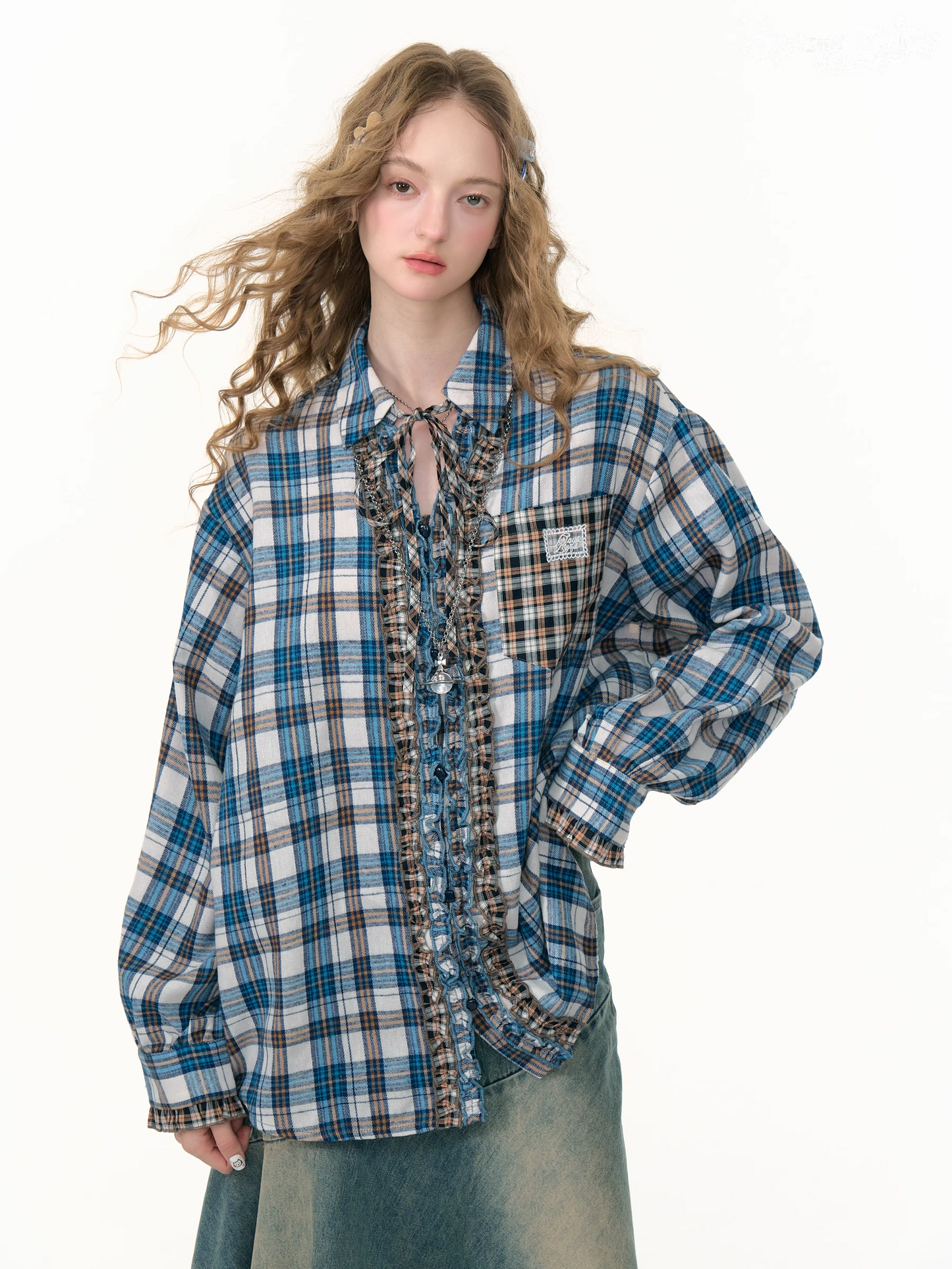 Vintage Check Frill Blouse X3382