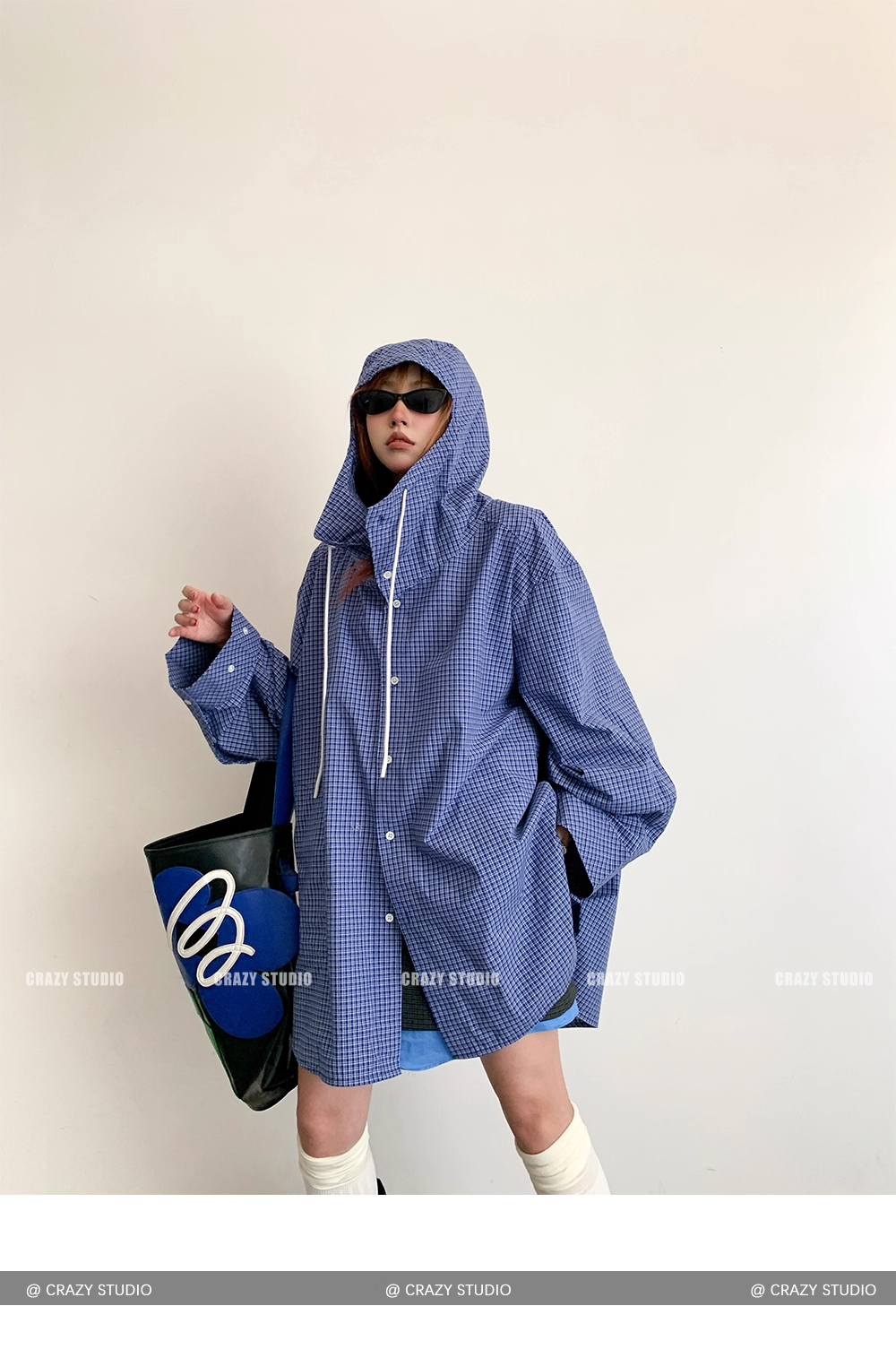 Street Style Plaid Hooded Oversized Drawstring Shirt Jacket X3336