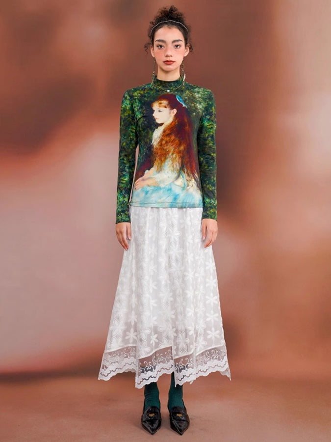 Retro Art Print Slim Bottoming Shirt X2674