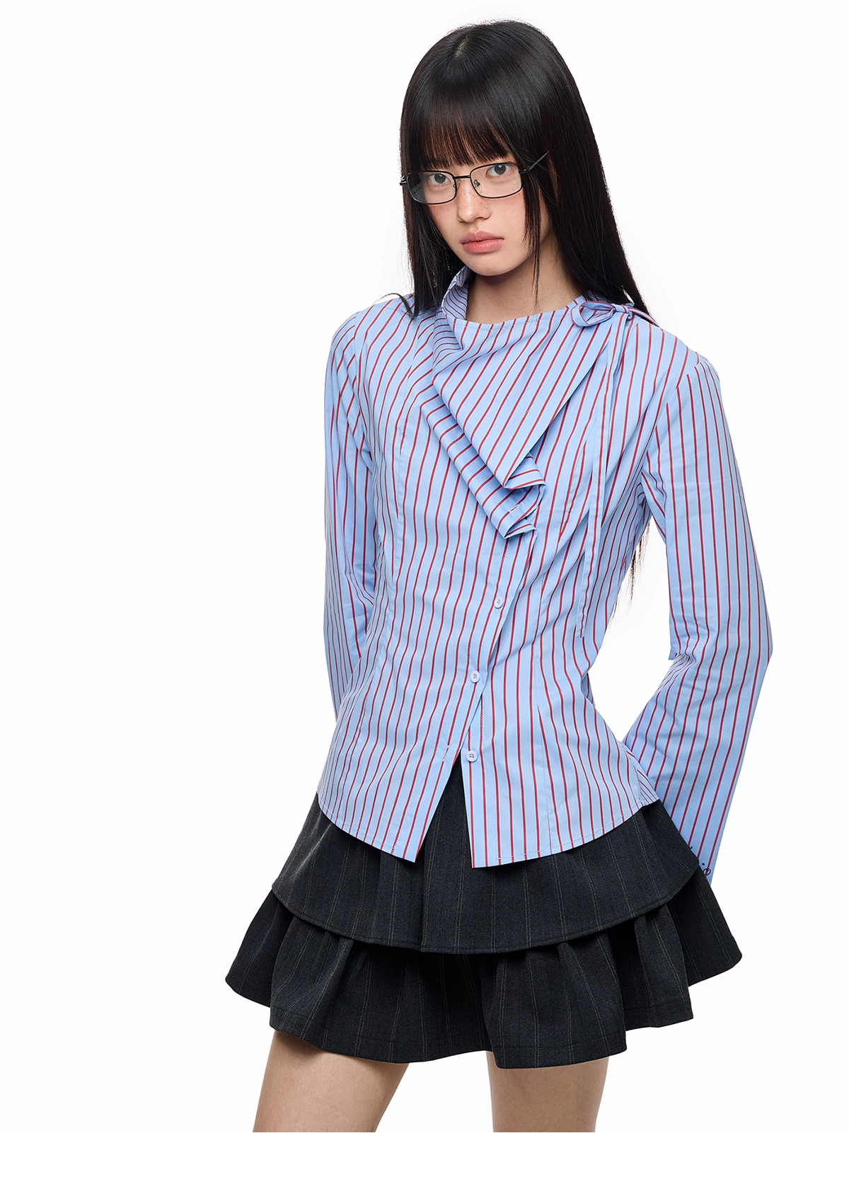 Blue Striped Long Sleeve Overlap Collar Shirt X3333