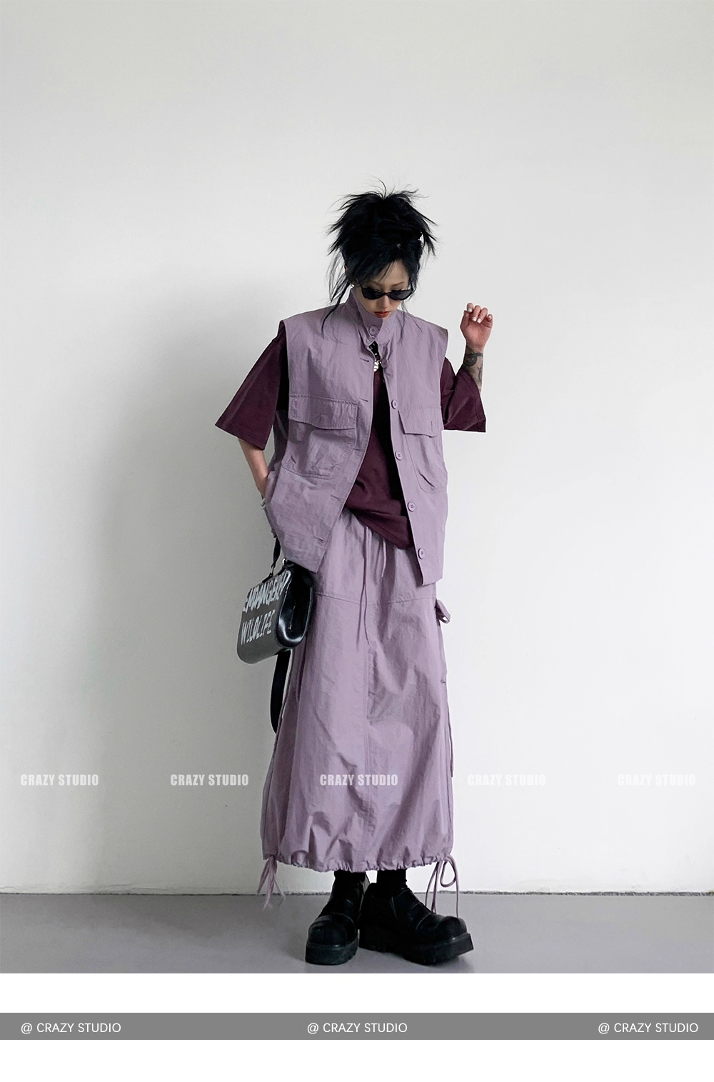 Vintage Purple Utility Vest & Drawstring Skirt Set X3339