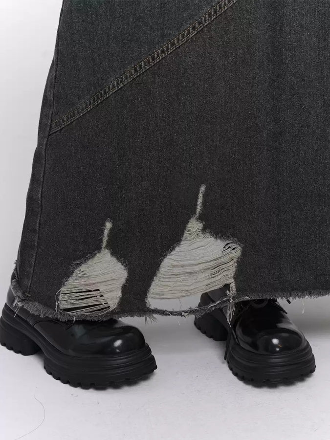 Washed Damaged Denim Skirt X2827