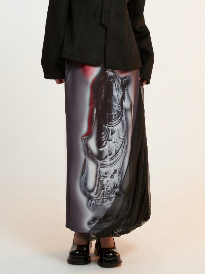 Printed Draped Mesh Skirt X2638