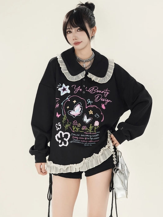 Ruffle Decoration Splicing Pullover X2869