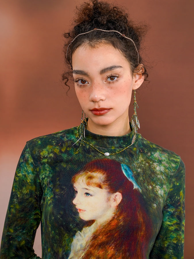 Retro Art Print Slim Bottoming Shirt X2674