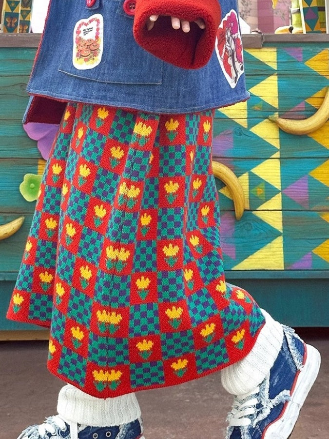 Checked flower knit skirt X2595