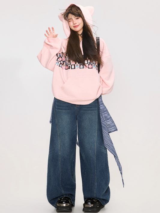 Cute Cat Print Sweet Pink Oversized Hoodie X3370