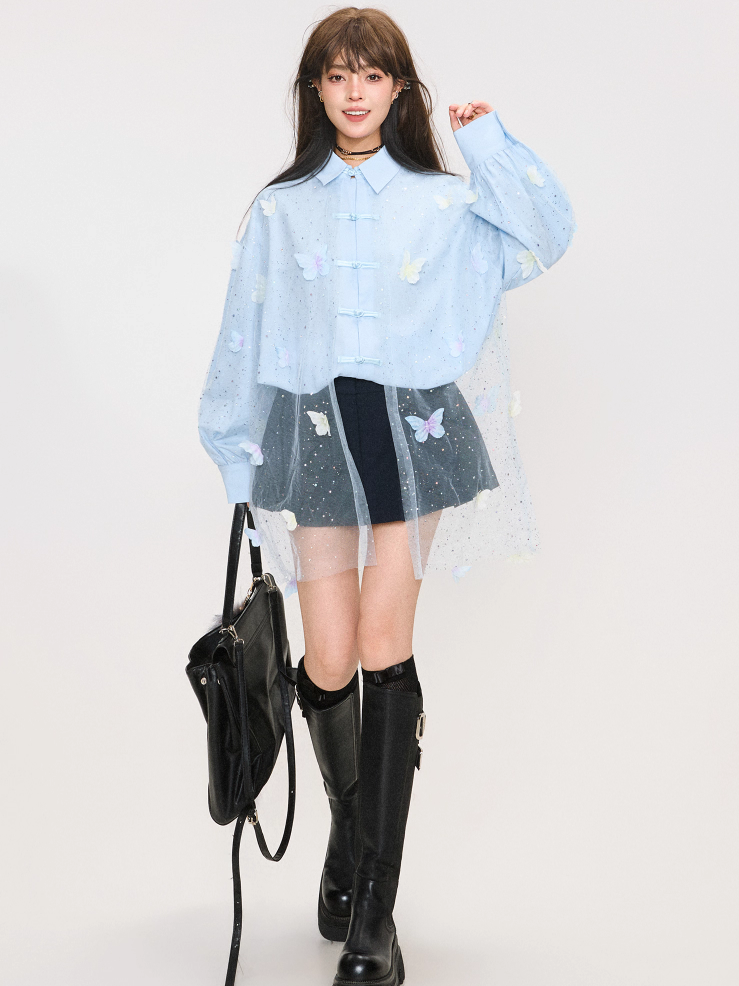 Butterfly Embroidery Elegant New Chinese Style Sheer Panel Blouse X3371