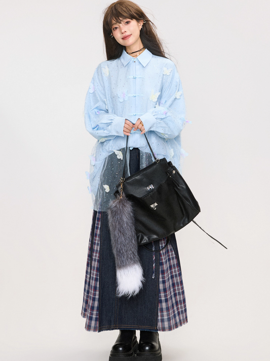 Butterfly Embroidery Elegant New Chinese Style Sheer Panel Blouse X3371