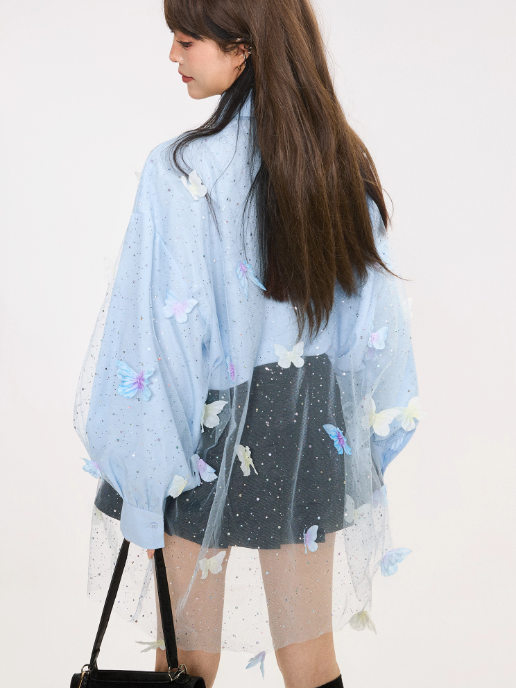 Butterfly Embroidery Elegant New Chinese Style Sheer Panel Blouse X3371