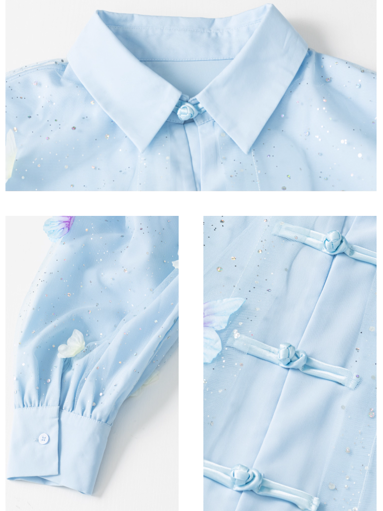 Butterfly Embroidery Elegant New Chinese Style Sheer Panel Blouse X3371