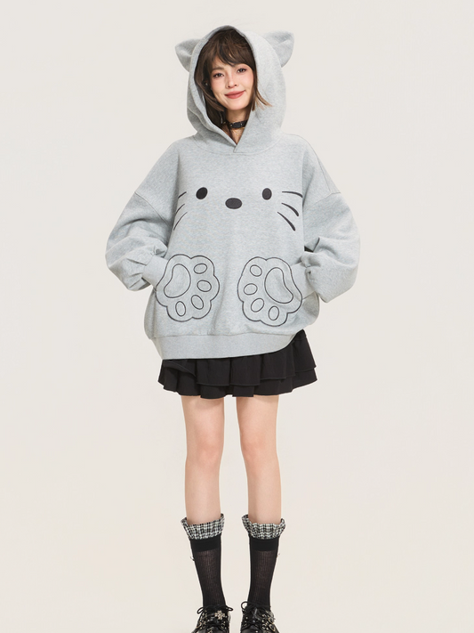 Cute Cat Embroidered Gray Hoodie Jacket X3373