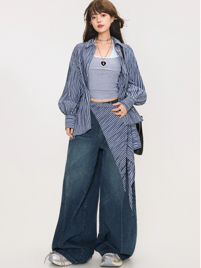 Retro Washed Curved Denim Pants X3379