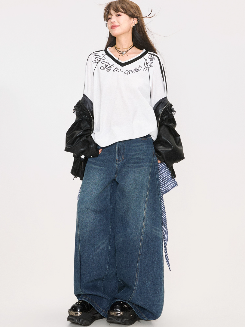 Retro Washed Curved Denim Pants X3379