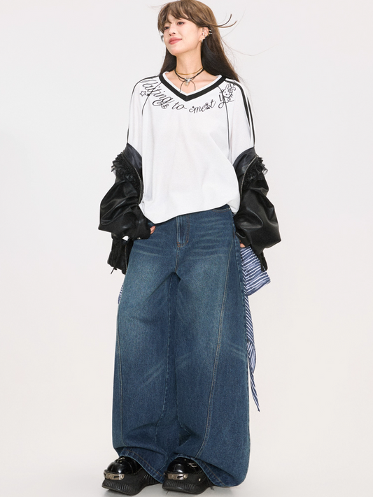 Retro Washed Curved Denim Pants X3379