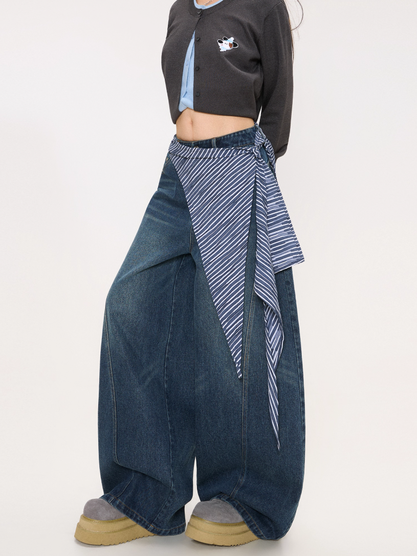 Retro Washed Curved Denim Pants X3379