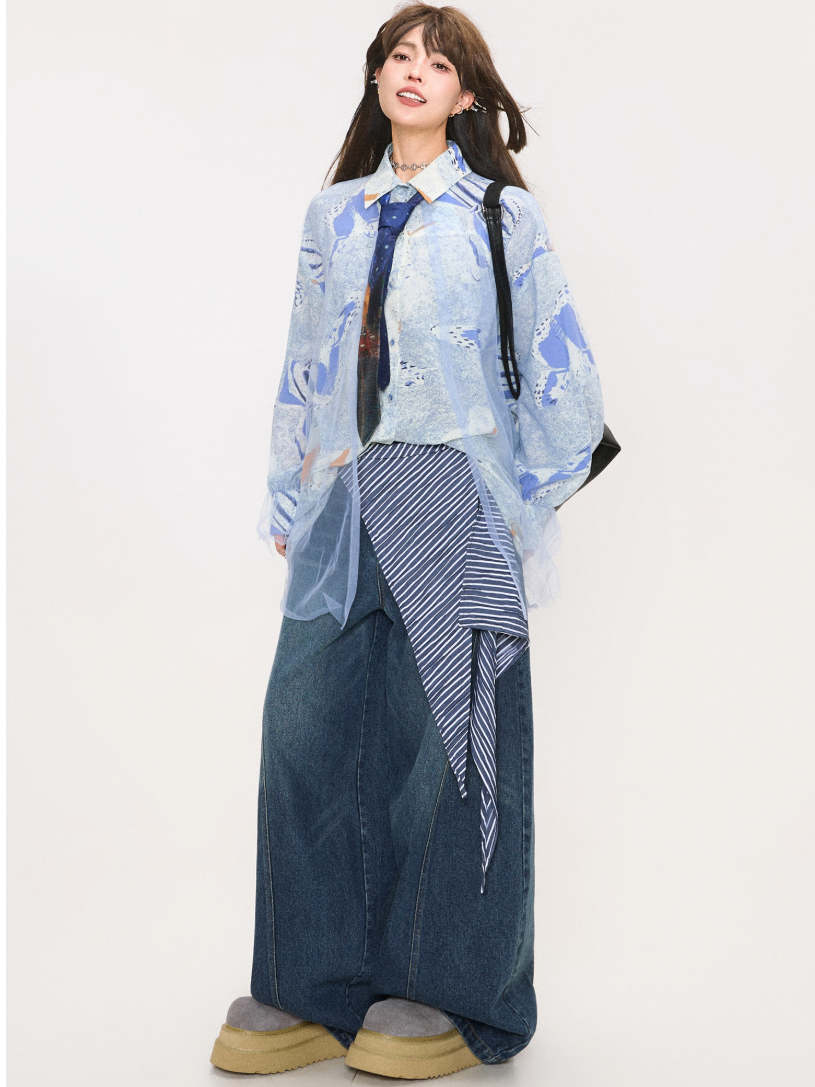 Retro Washed Curved Denim Pants X3379
