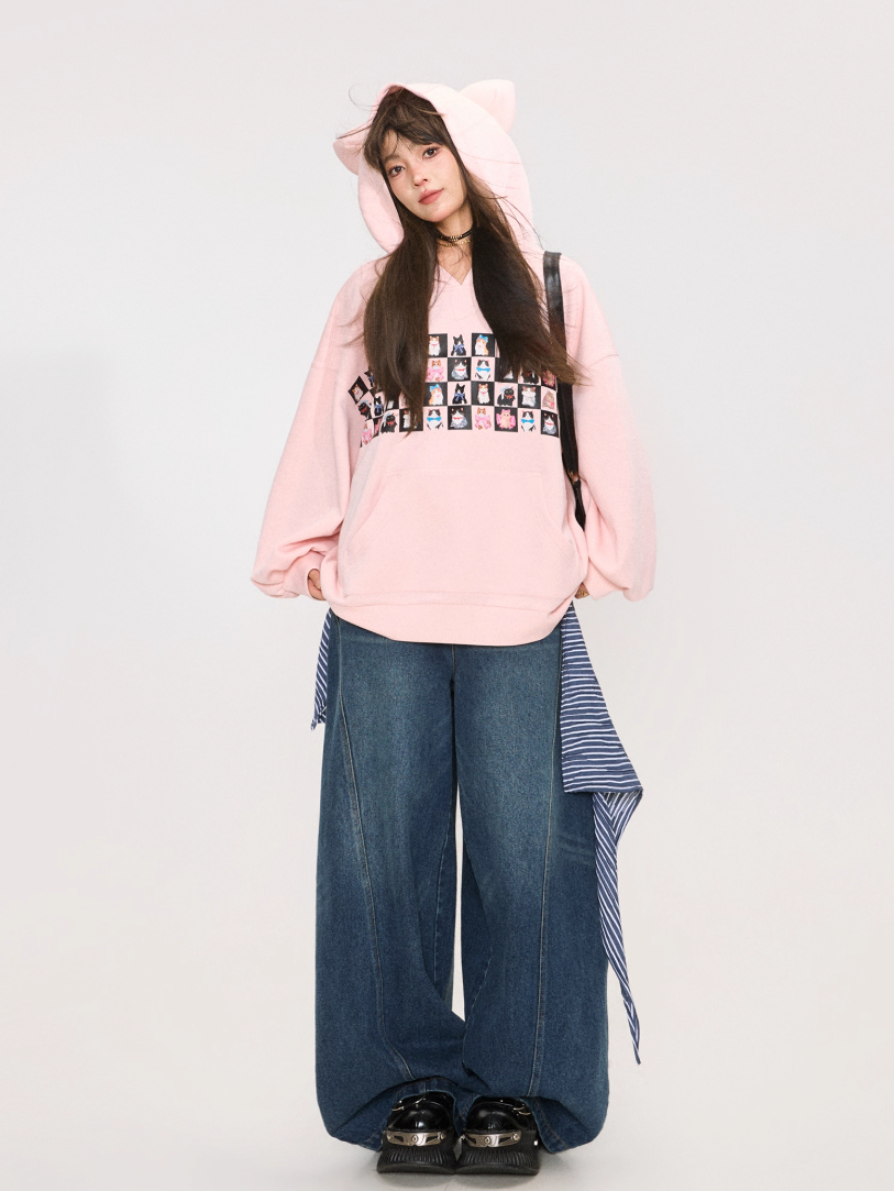 Retro Washed Curved Denim Pants X3379
