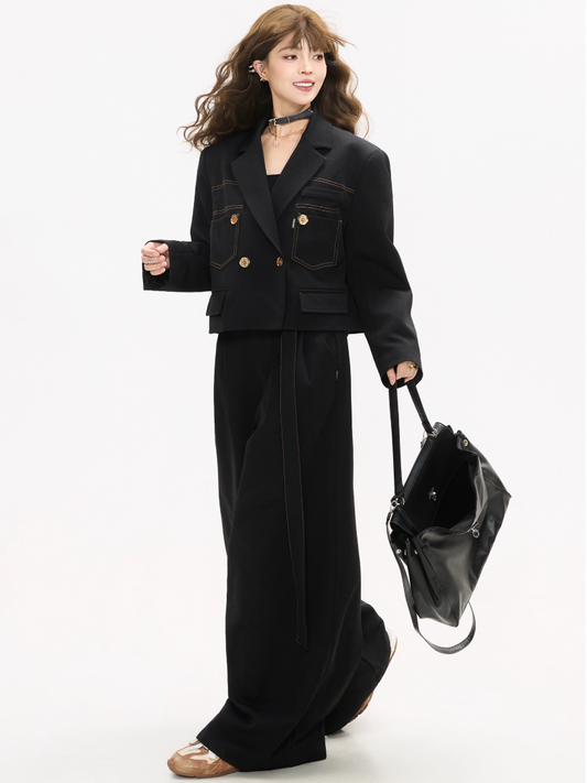 Contrast Stitch Short Blazer/Wide-leg Pants X3380