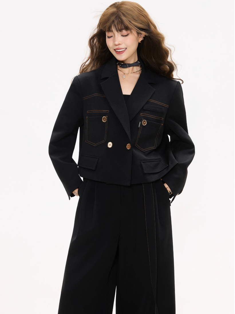 Contrast Stitch Short Blazer/Wide-leg PantsX3380