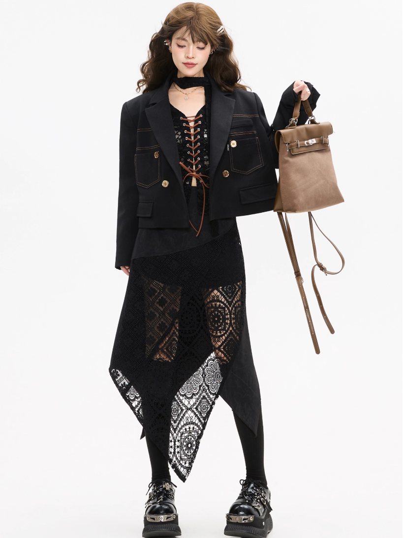 Contrast Stitch Short Blazer/Wide-leg PantsX3380