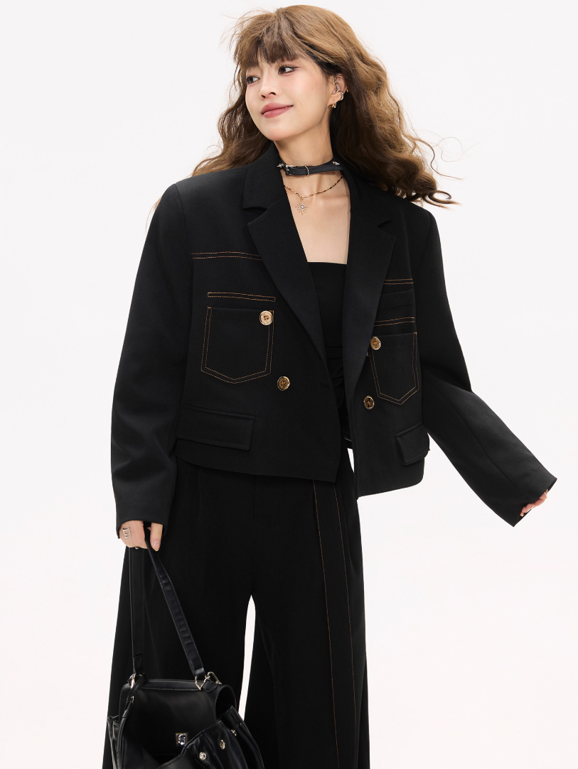 Contrast Stitch Short Blazer/Wide-leg PantsX3380