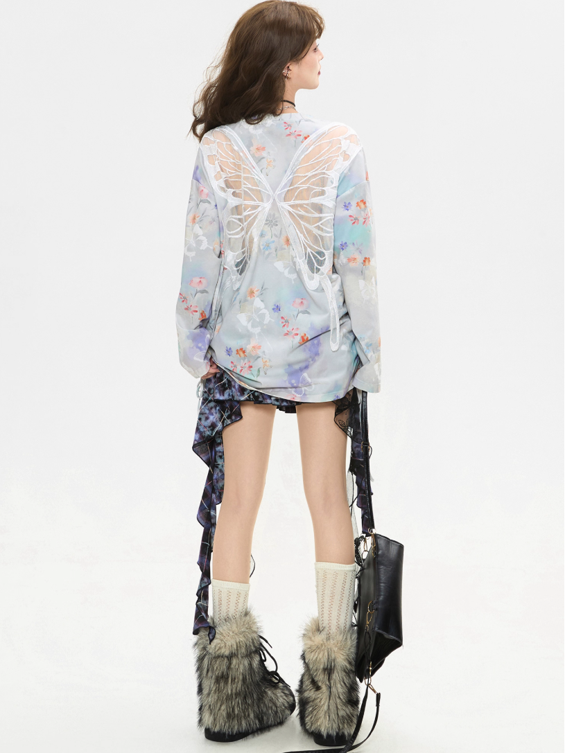 Butterfly Gradient Sheer Long Sleeve Top X3381
