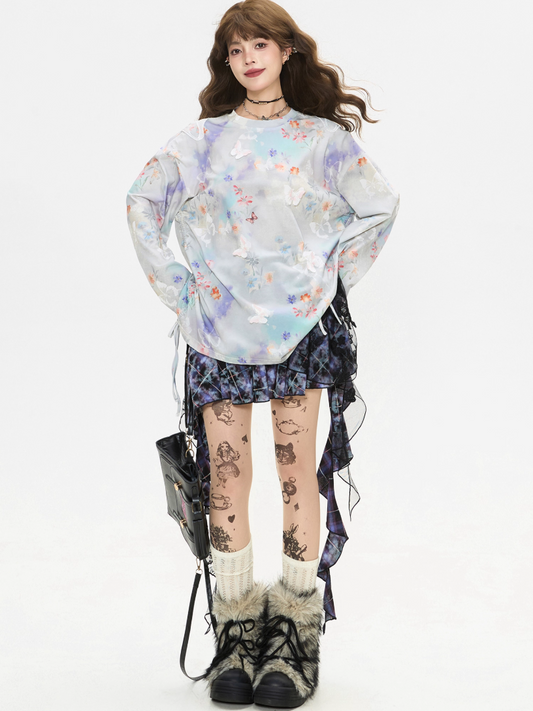 Butterfly Gradient Sheer Long Sleeve Top X3381