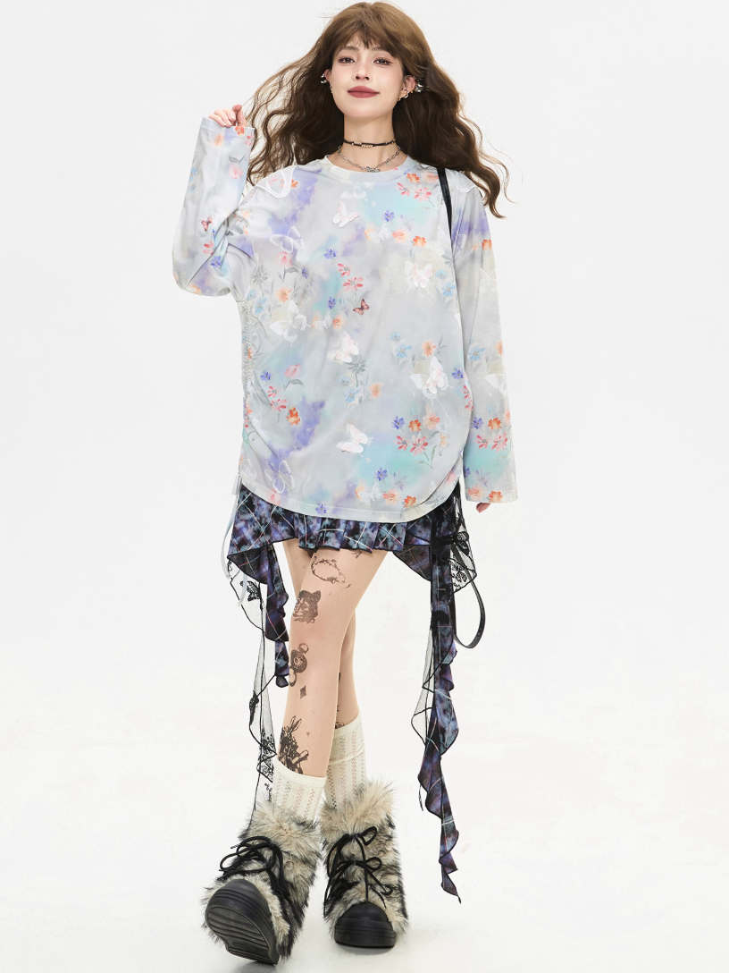 Butterfly Gradient Sheer Long Sleeve Top X3381